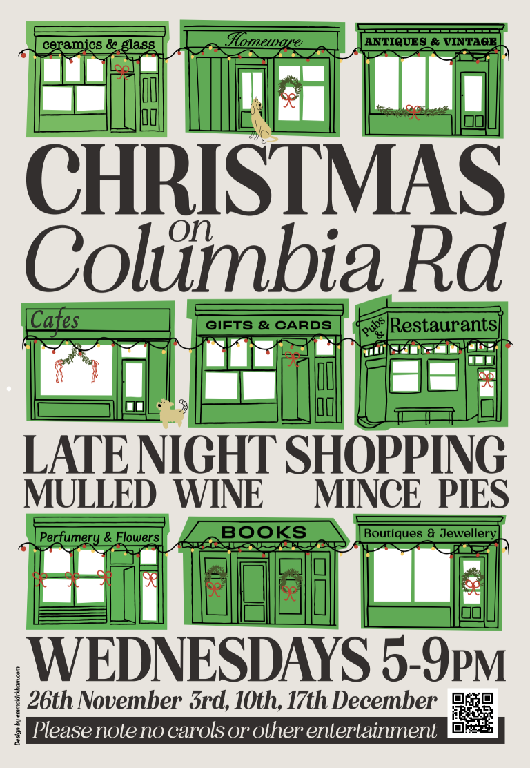 Columbia Road Christmas 2025 A graphic image of Columbia Road shops